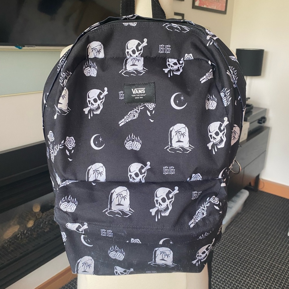 Vans Black Backpack with White Skull Design